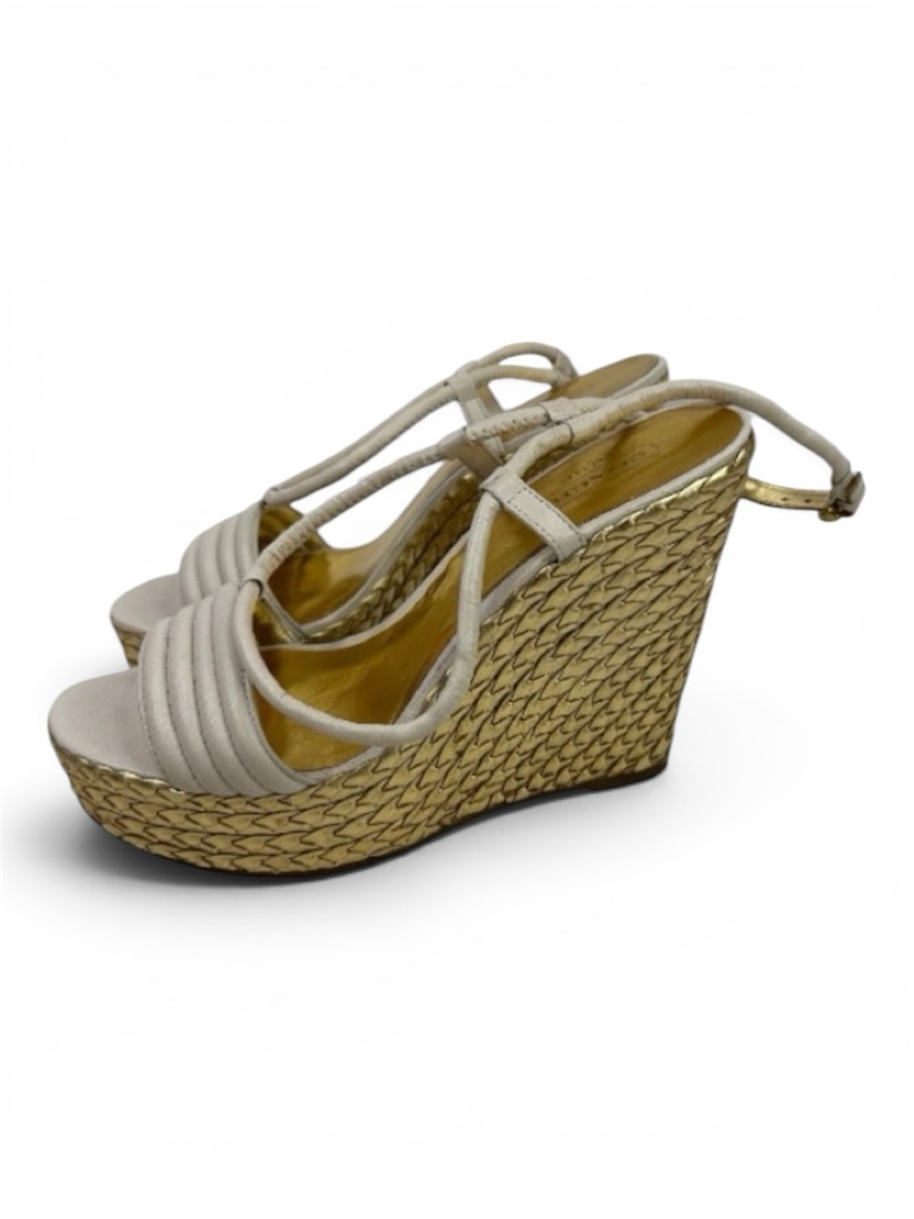 Coach Gold Woven Platform Wedge Sandals Size 8 Cream Leather Strappy